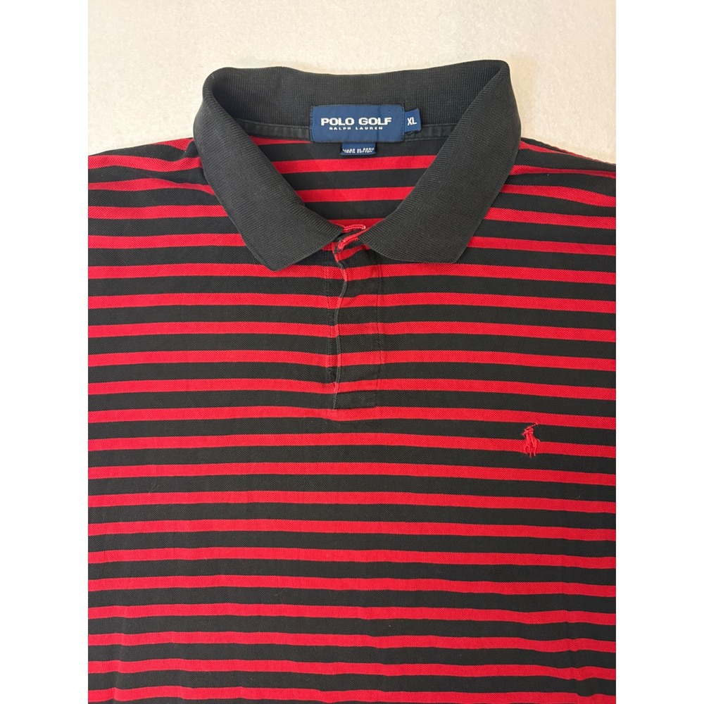 Polo Golf Ralph Lauren Mens XL Red Black Striped Cotton Pique Polo Shirt